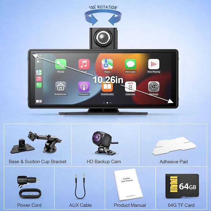 Wireless Carplay Screen for Car,10.26" Portable Apple Carplay and Android auto，4K Dash Cam with Rotatable Lens, 1080P Backup Camera, GPS Navigation, Mirror Link, Siri & Voice Control