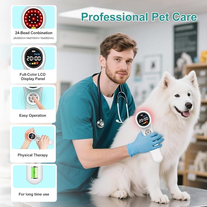 Cold Laser Therapy Device for Dogs, 16pcs 660nm & 4pcs 810nm & 4pcs 980nm Infrared Red Light Therapy Machine for Pain Relief, Arthritis, Spinal, Promote Blood Circulation, for Pets