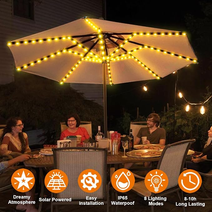 Solar Umbrella Lights, 8 Strands Patio Umbrella Lights Outdoor with 8 Modes 3V Solar Panel Clip 112 Led Outdoor Waterproof for Beach Deck Garden Camping Tents Party Decoration(Warm White)