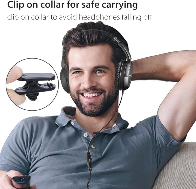 Avantree HF039 Long Coiled Cord Headphones for TV and PC with Volume Control, Stero/Mono Control,16.4 Feet / 5M Extended Range Cable, 3.5mm AUX Audio, Stereo Sound Spiral Wired Over Ear Headphones