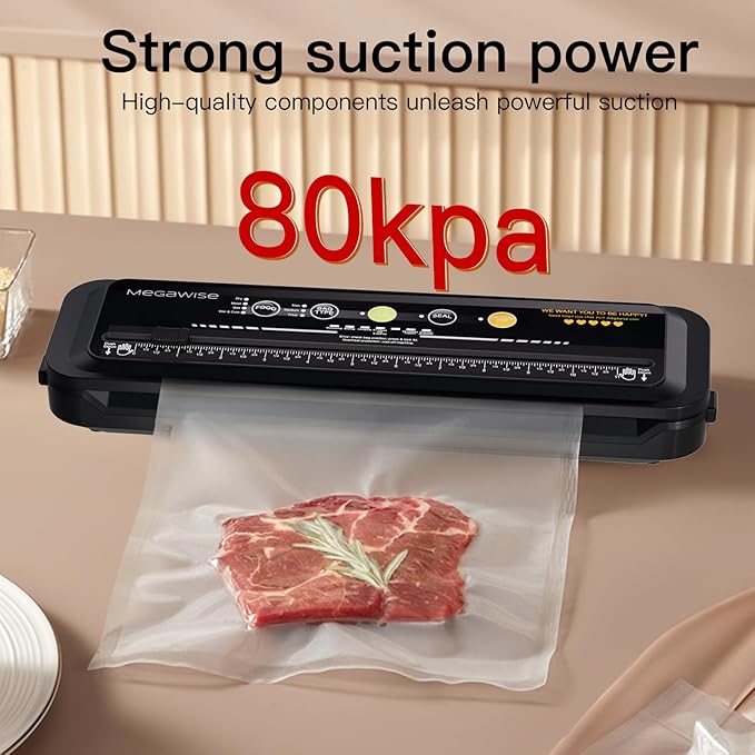 MEGAWISE Food Sealer w/Starter Kit with Accessory Hose for Wide and Regular Mouth Sealer, Dry & Moist Food Modes, Compact Design with 10 Vacuum Bags & Built-in Cutter