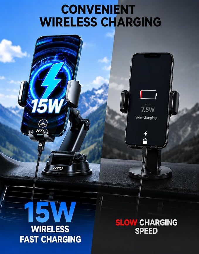 HTU 2026 Upgraded Wireless Car Charger Mount, 【Strongest Suction & Military-Grade Certs】 15W Fast Charging Auto-Clamping Phone Holder for Dash Windshield Air Vent, Fit for iPhone & Android, Jet Black