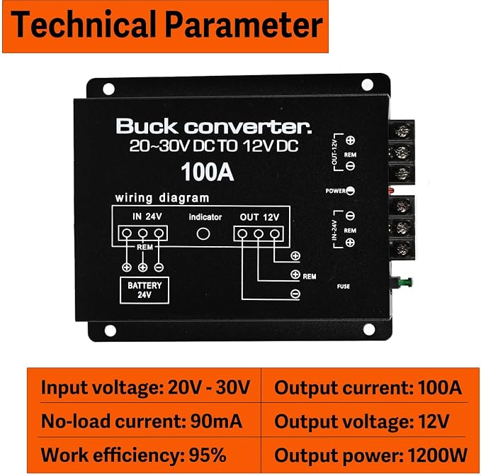 DC 24V to 12V Step Down Voltage Converter, 100A 1200W DC Buck Converter Voltage Regulator for Car, Truck and Vehicle