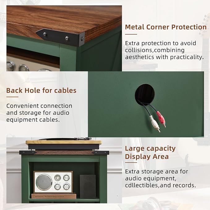 Joaxswe Record Player Stand with Vinyl Record Storage,Green Record Player Table Holds up to 160 Albums,Large Wood Turntable Stand Cabinet Dispaly Shelf for Living Room,Bedroom,Office