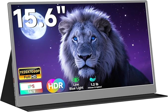 AYY Portable Monitor 15.6inch 1080P FHD, USB-C HDMI Computer Display, HDR IPS Gaming Monitor w/Premium Smart Cover & Screen Protector, Dual Speakers, for Laptop PC MAC Phone PS4 Xbox Switch, Grey