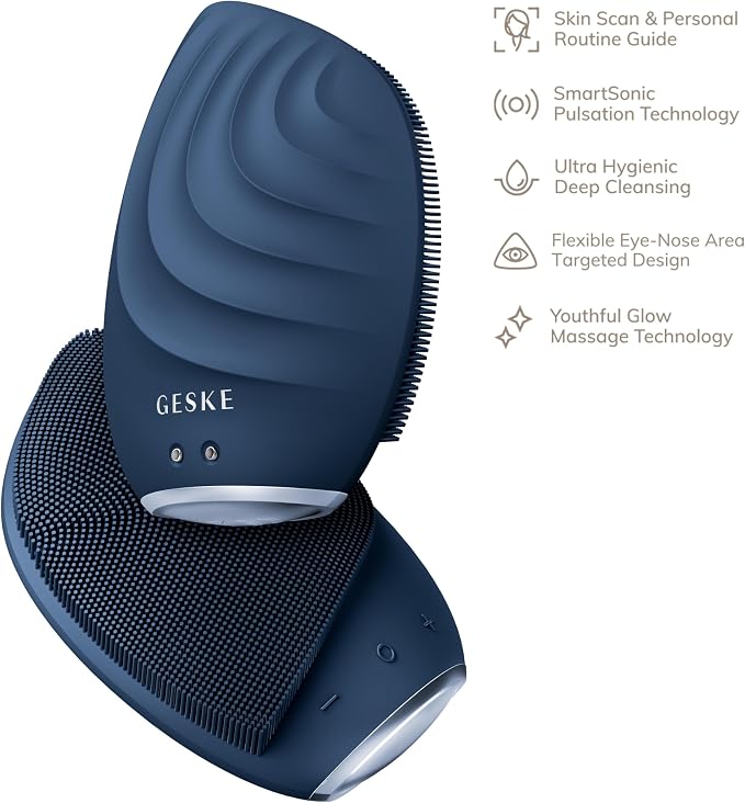 GESKE SmartAppGuided Sonic Facial Brush 5 in 1 | Vibrating Electric Cleansing Brush | Soft Silicone | Professional Cleanser | Skin Exfoliator | Face Massager