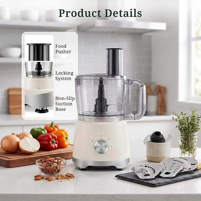 Food Processor 10.5 Cup (2.6QT), 600W Electric Food Chopper with 5 Stainless Steel Blades, 3-Speed Vegetable Chopper for Slicing, Shredding, Chopping & Dough Kneading, BPA-Free, Dishwasher Safe