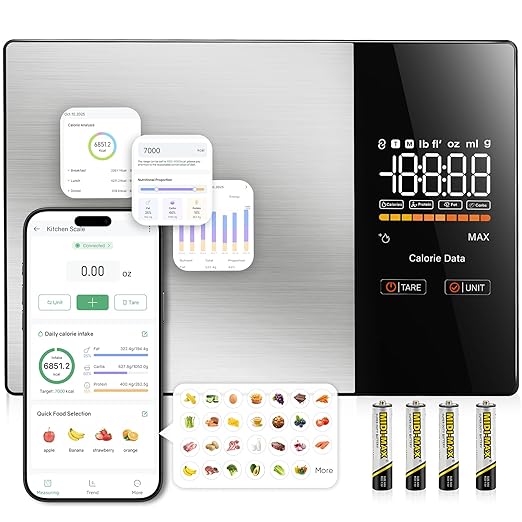 KUAIVO Smart Nutrition Food Scale with LED Display, Tracks Calories, Fat, Carbs & Protein via App, 1g Precision Digital Kitchen Scale for Healthy Eating & Meal Prep