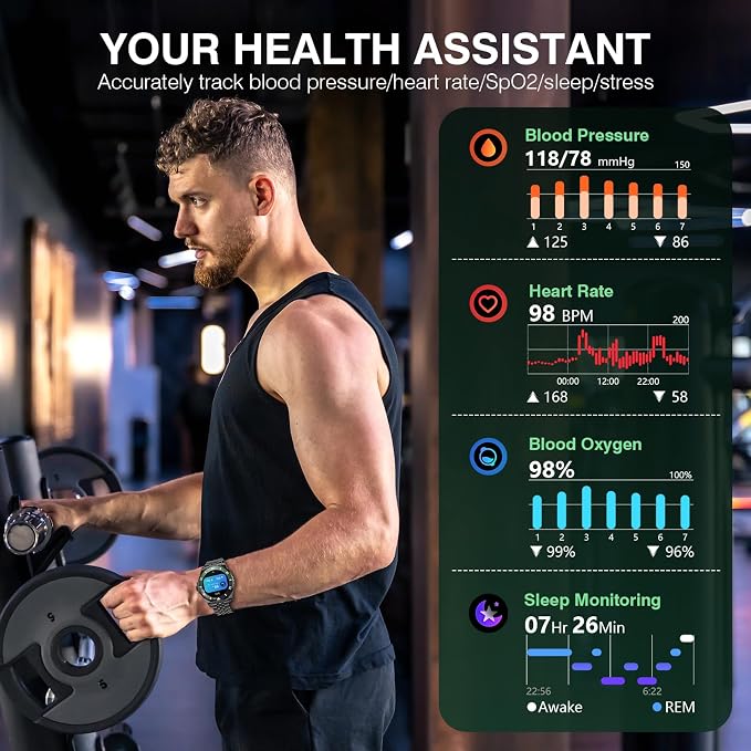 Luxury Smart Watch with Bluetooth Calls, Heart Rate/SpO2/Blood Pressure/Sleep Monitor, 1.19-inch AMOLED Display, 107 Sports Fitness Tracker, Round Business Watch Compatible Android and iOS, 44mm Black