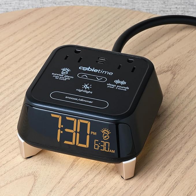Brandstand CubieTime Zen (Latest Model) - White Noise/Sleep Sounds Alarm Clock Charger with 2 USB-C Ports, 2 Power Outlets, Night Light