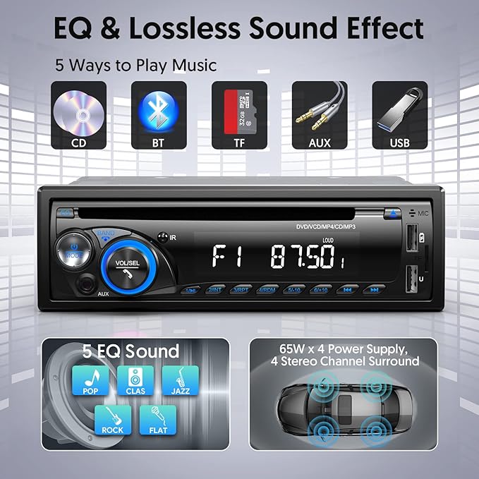 Car Radio Bluetooth with CD DVD Player, Wistrue Single Din FM/AM Car Stereo with CD Player, Support 2 USB/SD/AUX/7 Colors/Fits 9-24V Vehicles