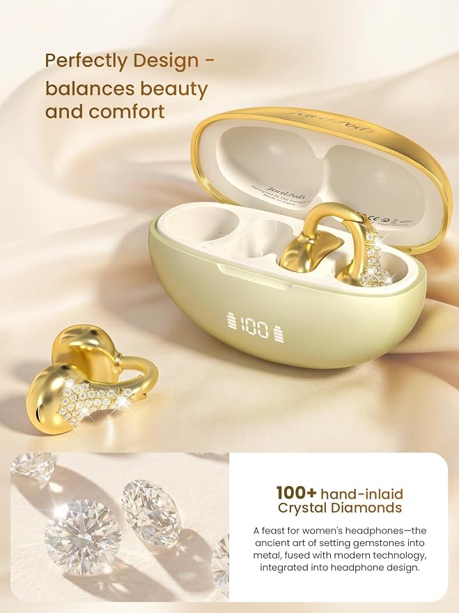JewelPods C3 Wireless Bluetooth Earbuds, Jeweled Open-Ear Headphones, Gold | Ultra-Light Memory Wire Clip-On Earrings for All-Day Comfort, 60H Playtime, Sweat & Water Resistant, Premium Sound