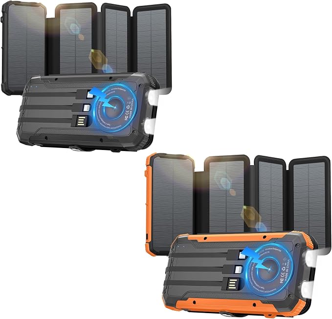 Solar Power Bank 20000mAh Portable Charger Built-in 3 Cables and Wireless Charging Battery Pack Compatible for iPhone, iPad, Bright 2 LED Flashlight Perfect for Camping (Black and Orange)