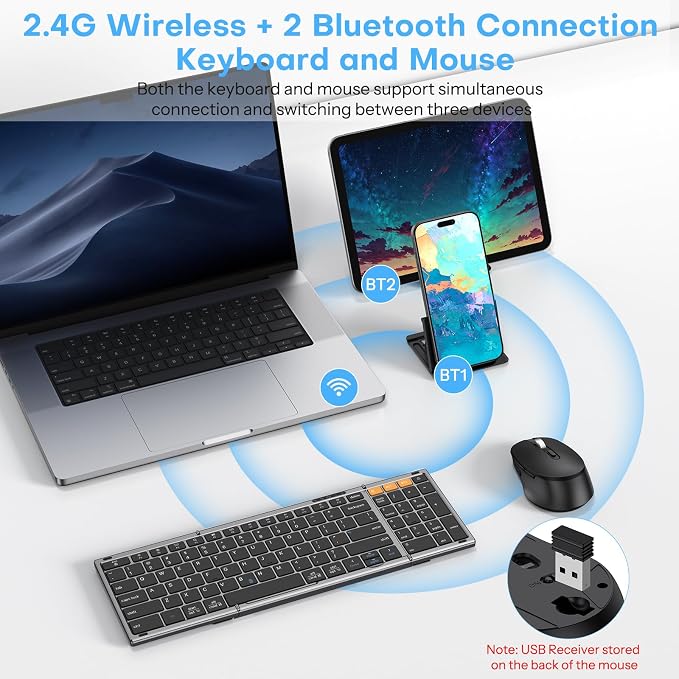 Foldable Keyboard and Mouse Combo for 3 Devices, OMOTON Wireless Bluetooth Set for Business Travel & Office, Rechargeable Keyboard + Ergonomic Mouse for iPad iPhone Tablet Mac Windows, Space Grey