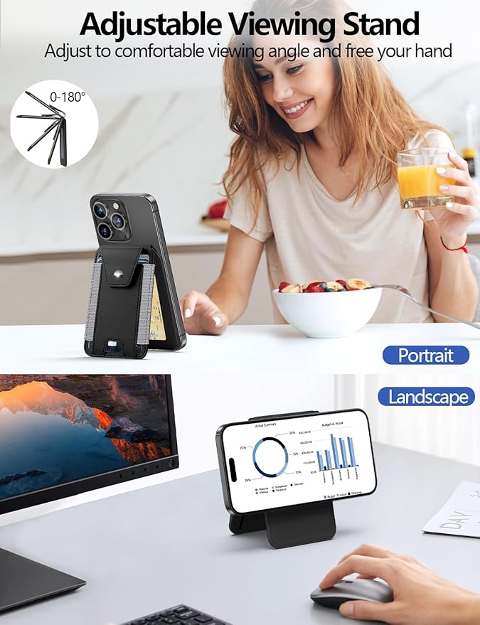 HiWe for Magsafe Wallet Stand with Privacy Flap, Strongest Magnetic Wallet for iPhone 17/16/15/14/13/12 Series, 9 Cards Holder, ID Window, Leather RFID, 3 Slots, Black