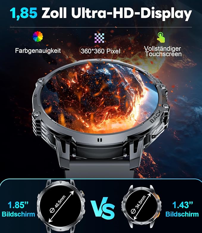 LIGE Military Smart Watches for Men(3 Bands),1000mAh/1.85" HD Large Screen Smartwatch, Flashlight/110+ Sports Modes/IP68 Waterproof/Sleep Monitor, Fitness Tracker Watch for Android iOS,Jet Black