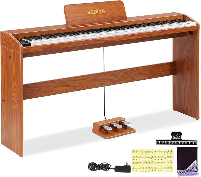 Digital Piano Keyboard 88 key,Semi-Weighted Electric Piano,Full Size Acoustic Piano for Beginners with Pedal, USB-MIDI Compatibility (Brown)