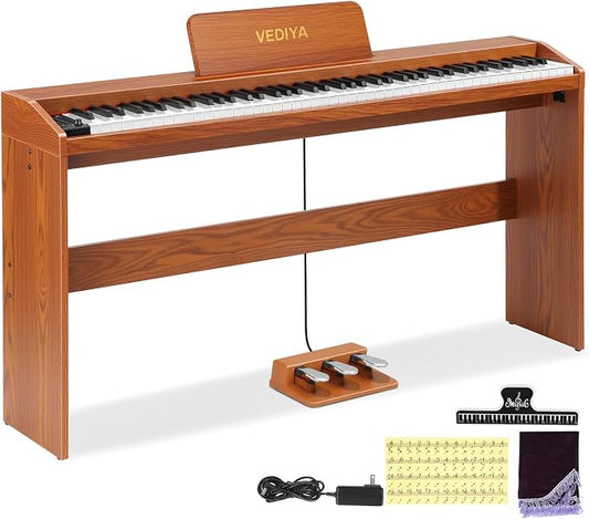 Digital Piano Keyboard 88 key,Semi-Weighted Electric Piano,Full Size Acoustic Piano for Beginners with Pedal, USB-MIDI Compatibility (Brown)