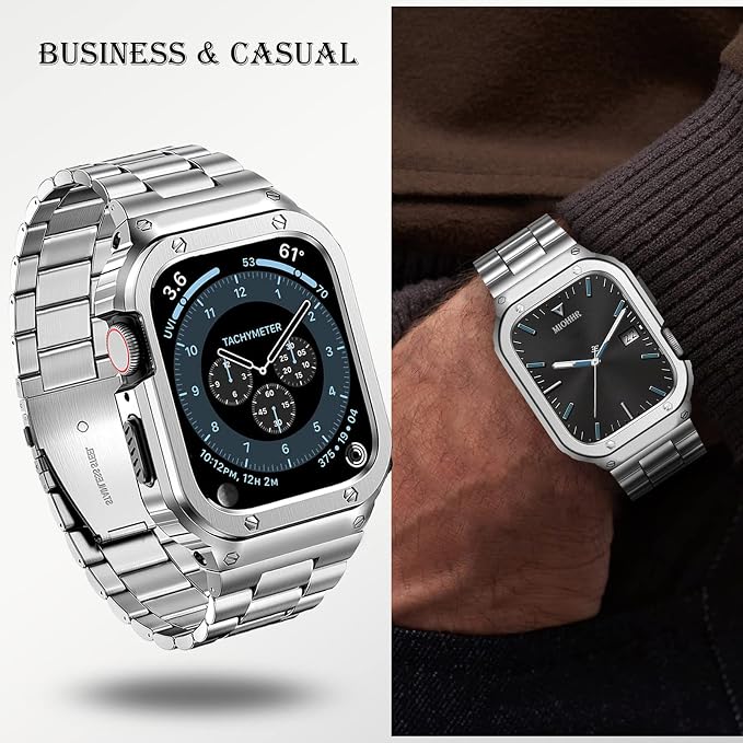 MioHHR Stainless Steel Band and Case Compatible with Apple Watch Band 41mm 40mm 38mm, Men Metal Protective Bumper Cover for iWatch Series 9/8/7/6/5/4/3/2/1/SE/SE2/SE3, Silver