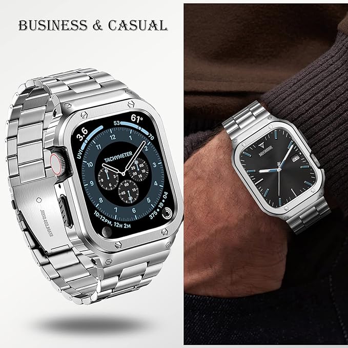 MioHHR Stainless Steel Band and Case Compatible with Apple Watch Band 45mm, Men Metal Protective Bumper Cover for iWatch Series 9/8/7, Silver
