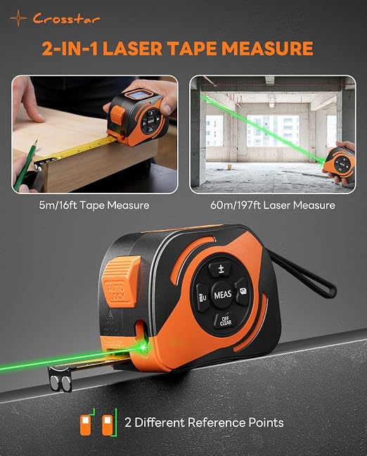Crosstar 2-in-1 Laser Tape Measure 197ft, 532nm Green Beam, 16ft Manual Tape w/Matte Blade, LCD Display with Tilt Angle, Pythagorean Mode, Magnetic Hook for Construction Woodworking