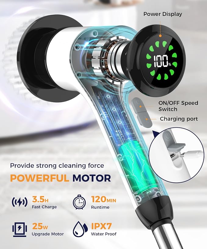 Electric Spin Scrubber, Cordless Cleaning Brush with 6 Replaceable Heads, Adjustable Long Handle, IPX7 Waterproof Lightweight Power Scrubber for Bathroom Tile Grout Tub Shower, White-le1