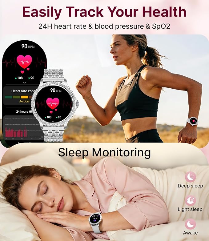 Smart Watches for Women,1.32" HD Fitness Tracker Watch with Answer/Make Call,AI Voice Control,Heart Rate/Calories/SpO2 Monitor 100+ Sport Modes Ladies Smartwatch for Android iOS 2 Straps ( BW1845-T11)