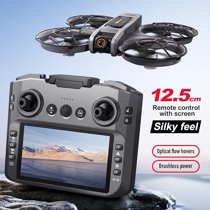 RC Drone With Screen On Controller (4.92in), UHD Dual Camera, Brushless Motor, Optical Flow Hovering, 360° Propeller Guard, 6-Axis Gyro, Headless Mode, One-Key Takeoff/Landing, 3-Speed Adjustable, 50X Zoom, Gesture Control, Trajectory Flight, Night LED...