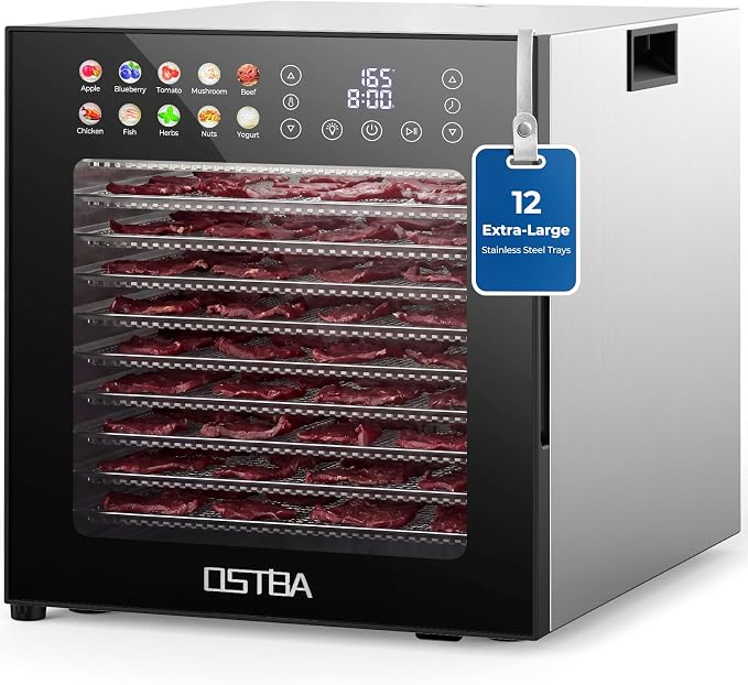 OSTBA Food Dehydrator, 12 Stainless Steel Trays, 95–165℉ Adjustable Temp, 48h Digital Timer, 850W Food Dryer, Front Control Panel with 10 Presets for Fruit, Vegetable, Jerky, Herb, Commercial Use