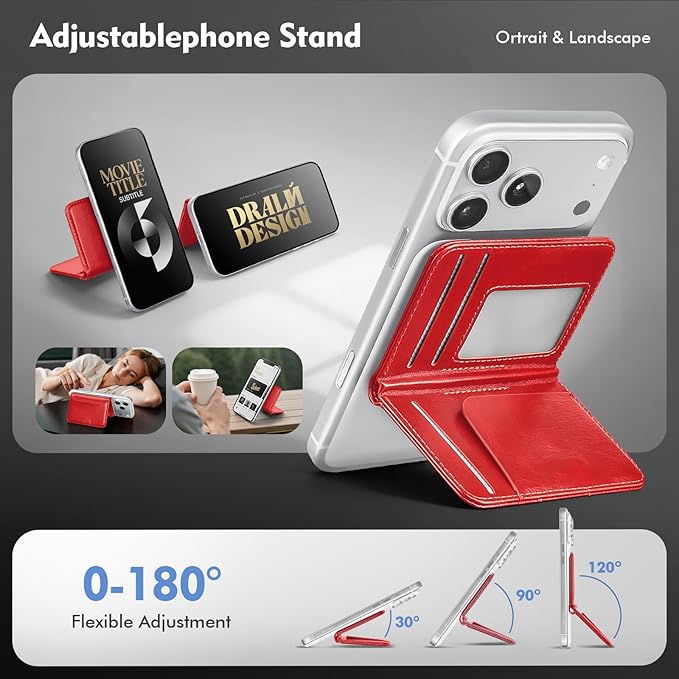 Antsturdy for Magsafe Wallet Stand with Holder,PU Leather RFID Blocking Card Holder,5 Card Slots,Strong Magnet Minimalist Flip Folio Kickstand for iPhone 17/16/15/14/13/12/Pro/Max/Plus/Air,Red