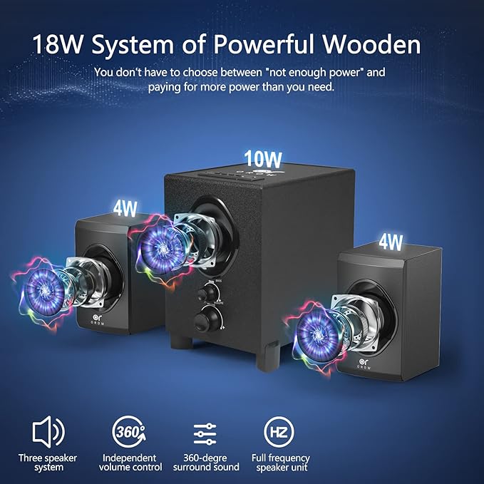 OROW Bluetooth Computer Speakers,PC Speaker with Subwoofer,Front Knob 18W Wireless PC Speakers,Support AUX&Bluetooth Play,Great for Party/Game/TV (S213)