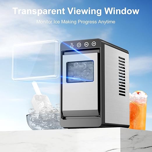Kismile Countertop Ice Maker, 8 Bullet Cubes in 6 Mins, 26.5lbs in 24Hrs, 2 Ice Sizes, Self-Cleaning Portable Ice Maker with Basket and Scoop, for Home/Office/Camping/RV, Stainless Steel