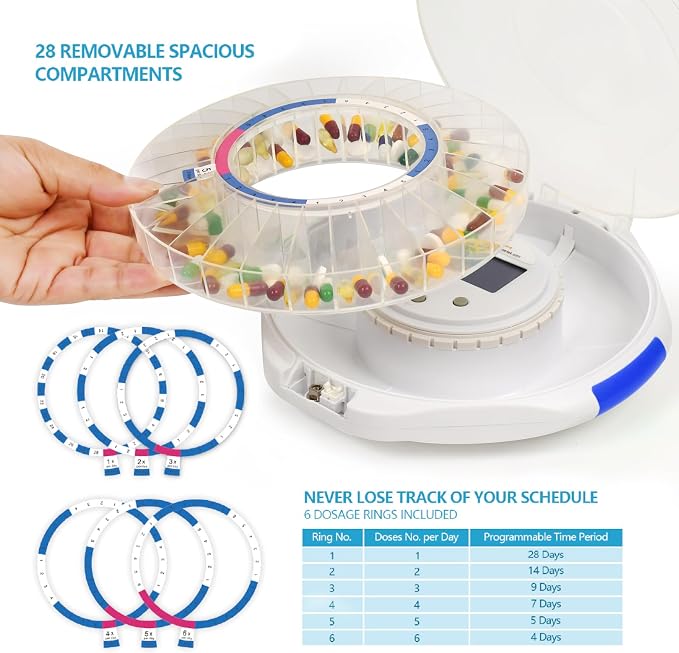 28-Day Automatic Pill Dispenser with Alarm for Elderly, Sound & Light Alerts, Smart Medication Organizer for Seniors, Locked Medication Dispenser for Multiple Vitamins, Supplements or Prescriptions