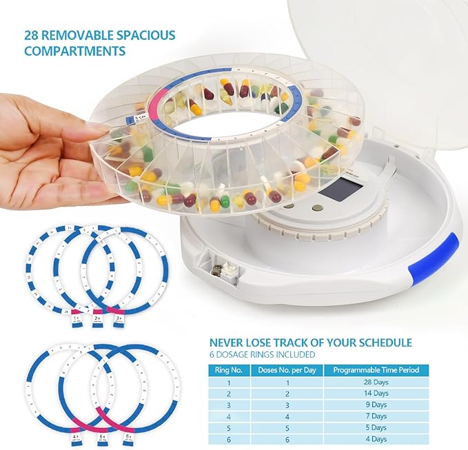 Senyerkare Automatic Pill Dispenser with Lock & Alert for Seniors | Sound/Light Alarms for Elderly, Dementia & Caregivers - Up to 6 Alarms/Day, Medication Organizer for Vitamins/Supplements