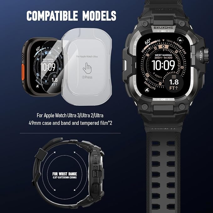 BXUXOHS Rugged Case and Band for Apple Watch Ultra 3/2/1 49mm Men, Military Grade Shockproof Bumper Cover, with 2 Pack Screen Protector, Tactical Band Case for iWatch Ultra 3 2 1 Man, Black Titanium
