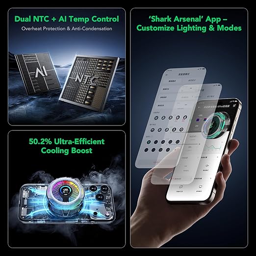 Black Shark Magnetic Phone Cooler 6 Pro – Smart Display, Magnetic Ring Plate, Addressable RGB LEDs, App-Controlled Cooling Fan for iPhone MagSafe, Android & iPad – Gaming, Streaming & Photography