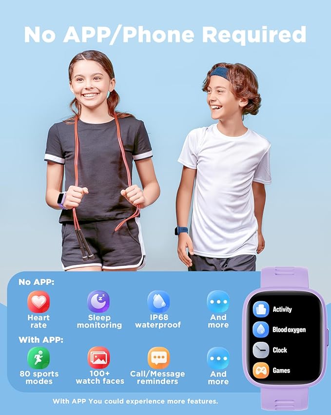 BIGGERFIVE Smart Watch for Kids, 1.8" Fitness Tracker Watch Pedometer, Heart Rate, IP68 Waterproof, Sleep Monitor, Calorie Step Counter, 5 Puzzle Games with/Without APP for Girls Teens 5-16