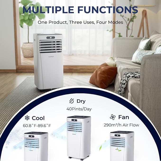 COSTWAY Portable Air Conditioner, 8000BTU AC Unit with Drying, Fan, Sleep Mode, 24H Timer, Remote Control, Cools Room up to 230 Sq. ft, for Home & Office Use, Window Kit Included, White(8000BTU)