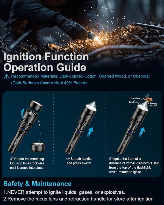Flashlight 2000 High Lumens, Rechargeable Zoomable LED Tactical Flashlight with Ignition Lens, Emergency Flashlight for Camping Home Security, 5 Modes Waterproof Handheld Flashlights