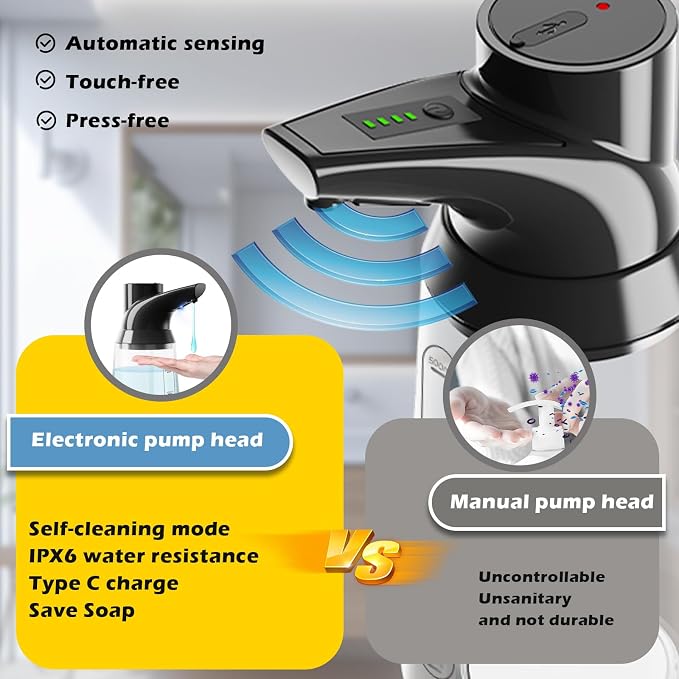 2 Pack Automatic Liquid Soap Dispenser Touchless,Black 4-Level Adjustable Modern Type-C Rechargeable Electric Sensor Soap Dispenser,Hand Sanitizer Dispenser for Kitchen