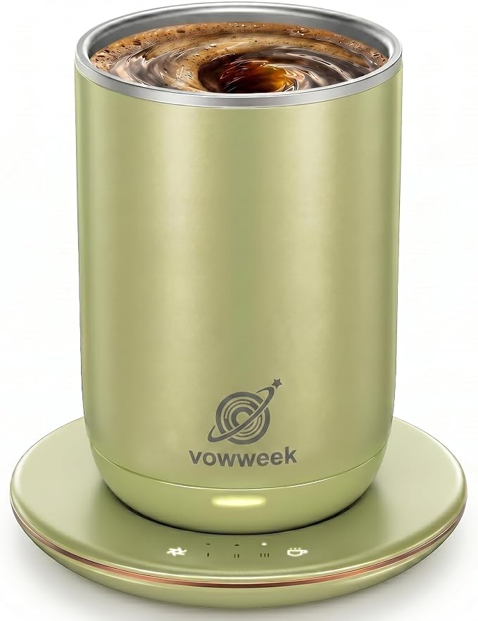 Self Stirring Heated Coffee Mug, 10 oz Auto Magnetic Mixing Cup, SageGreen | 304 stainless steel interior. Includes 3 heat settings, 8H auto shut-off, plug-in base for home office desk