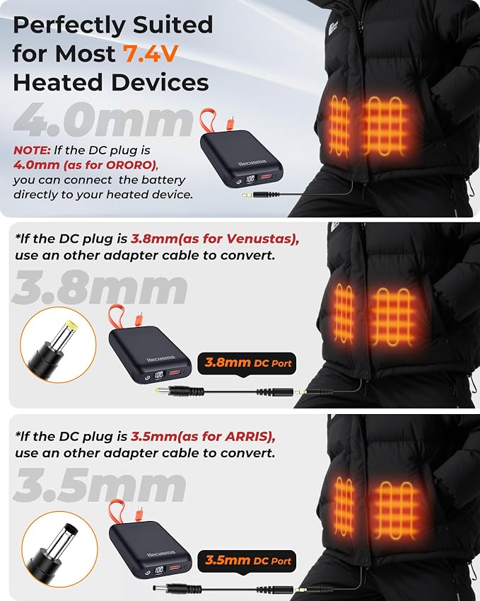 7.4V 5V 20,000mAh Heated Vest Battery Pack, Battery Pack for Heated Vest Compatible with ORORO, for TODWARM, for XINSONYUELL, for Weamest, Power Bank with Built-in USB-C Cable (No for Venustas)