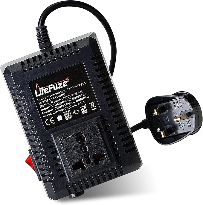 LiteFuze 300 Watt Step Up/Step Down Travel Voltage Converter, 220/110v to 110/220v converter with Type G Plug - Compatible with Hair Straightener, Camera, Laptop & More