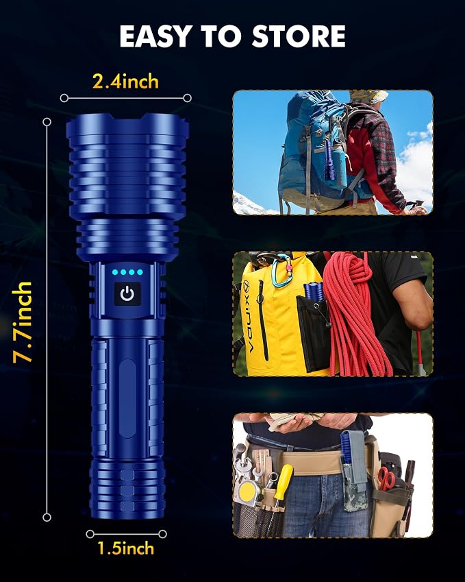 baibian Rechargeable Flashlight 100000 High Lumens, Super Bright Flashlights High Powered, Handheld Waterproof Tactical LED Flashlight-Zoomable 5 Modes-31H Runtime for Emergency Camping (Blue)