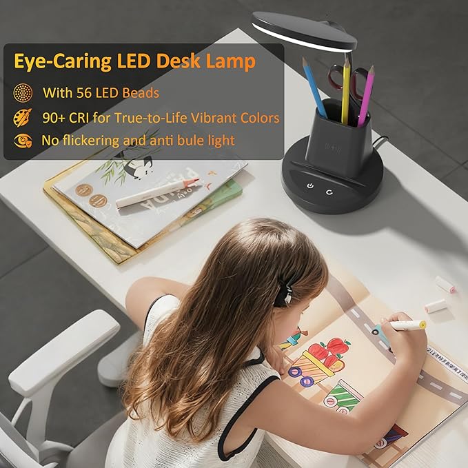 Desk Lamp with Wireless Charger, LED Desk Lamps for Home Office with Pen Holder, Dimmable Eye-Caring Study Desk Light Flexible Arm 3 Color Modes for College Dorm, 800 Lumens CRI 90