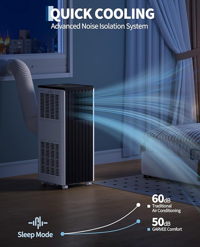 Garvee 8000 BTU Portable Air Conditioner, 3-in-1 Cooling, Dehumidifier & Fan Portable AC for Bedroom & Small Rooms up to 350 Sq. Ft., Sleep Mode, 24-Hr Timer, Remote, Window Kit, 115V, Black Top