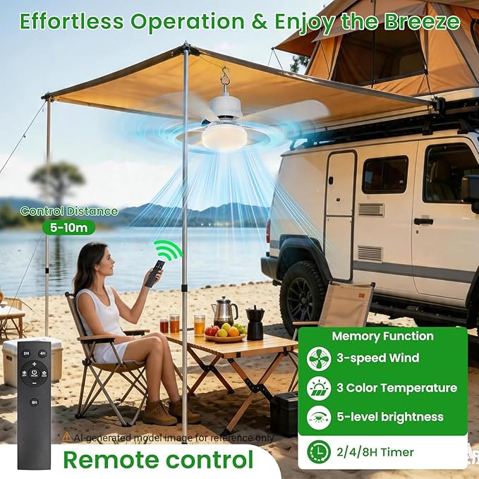 Solar Ceiling Fan with Light, 18000mAh Rechargeable Portable Camping Fan with Remote, 450CFM Strong Airflow, 17.5'' Battery Powered Ceiling Fan for Outside Gazebo, Canopy, Tent, RV