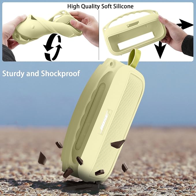 co2CREA Hard and Silicone Case Replacement for Bose New SoundLink Flex 2nd Gen Bluetooth Portable Speaker, with Carabiner and Shoulder Strap (Citrus Yellow Case)