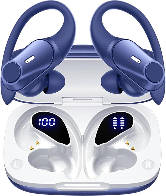 Active Noise Cancelling Wireless Earbuds Bluetooth Headphones 80H Playtime Ear Buds with Power Display Case Hi-Res Sound & Clear Calls Over Ear Hooks Earphones for Sports Running Gym Workout Blue