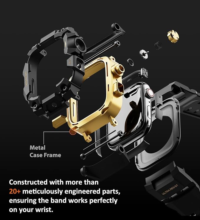 ULTIMAL Rugged Case with Band for Apple Watch 45mm, Compatible with Apple Watch Series 9/8/7 45mm, Military Grade Shockproof Bumper Cover for iWatch Tactical Band (45mm, Gold)
